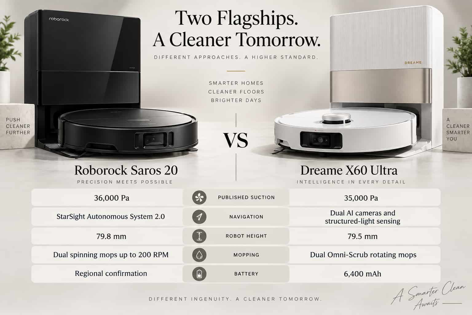 Roborock Saros 20 vs Dreame X60 Ultra specifications comparison