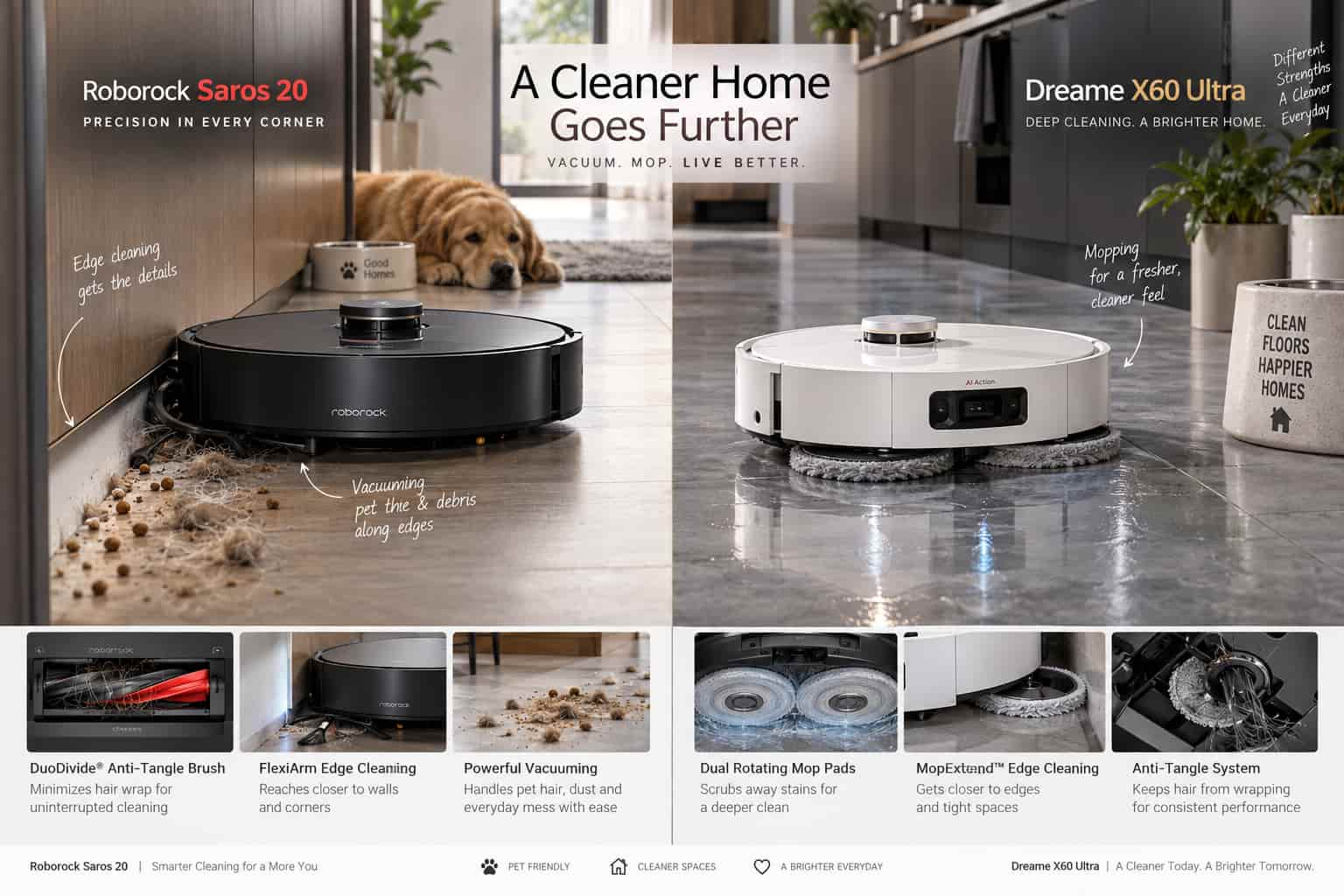 Roborock Saros 20 vs Dreame X60 Ultra cleaning and dock features comparison