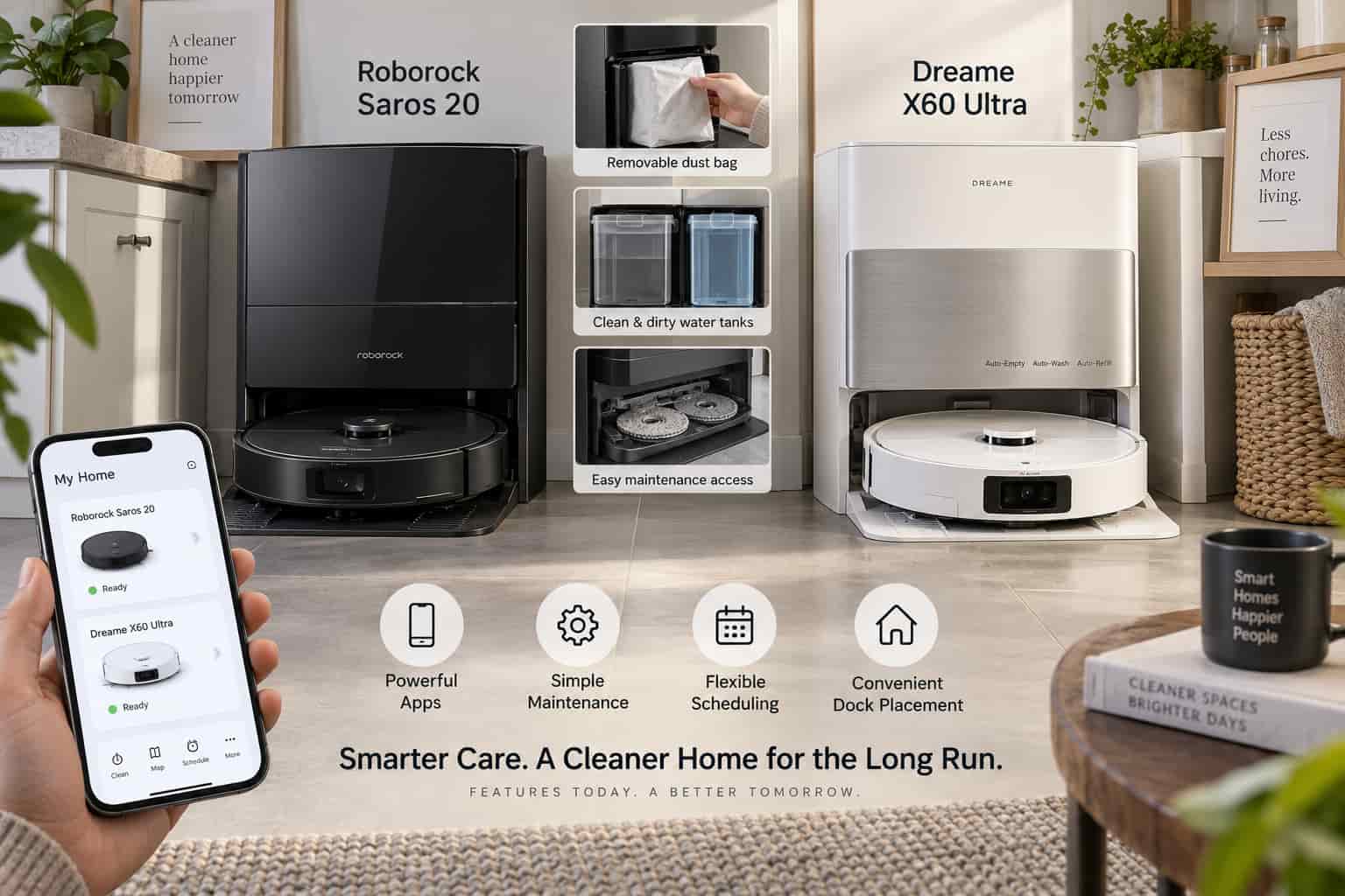 Roborock Saros 20 vs Dreame X60 Ultra app maintenance and buying guide